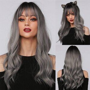 60cm Human Smoky Gray Wavy Wig, Medium And Long Curly Smoky Gray With Rose Net